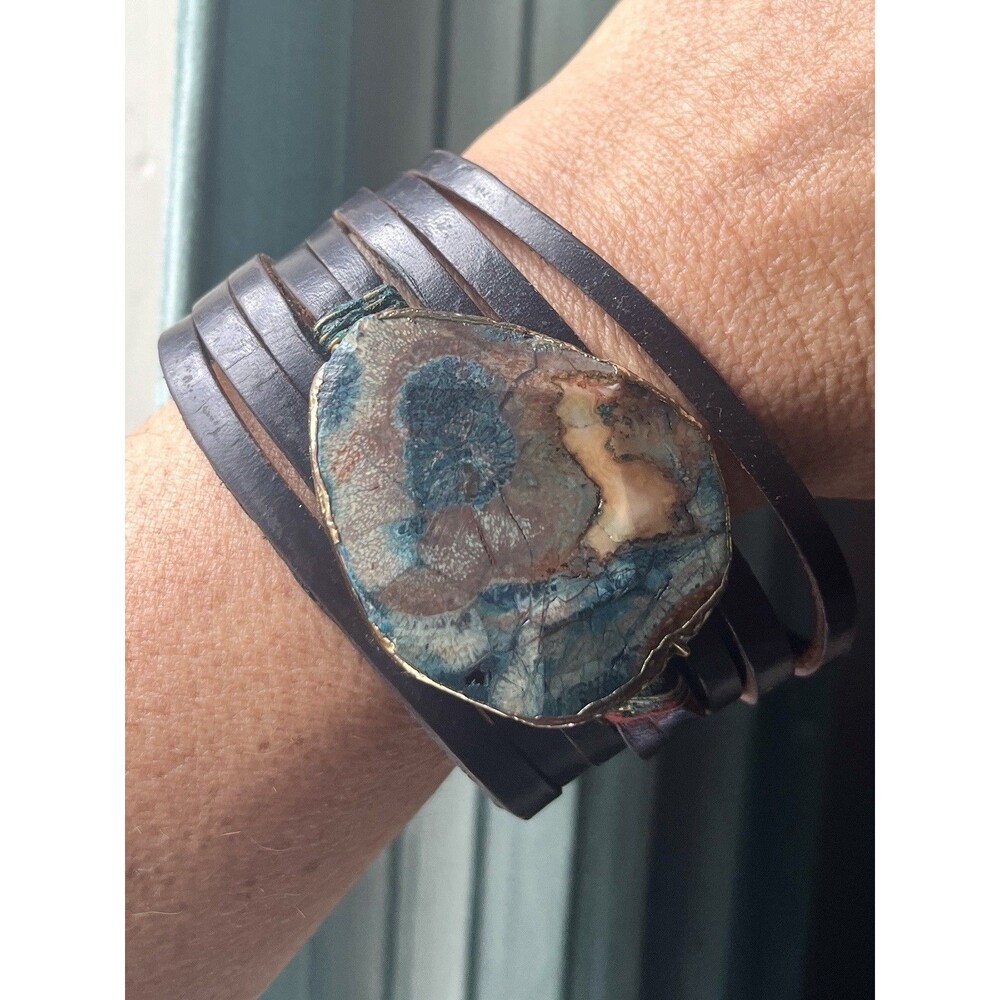 Artisan Leather Cuff Bracelet Large Stone Agate Jasper Boho Statement Wide